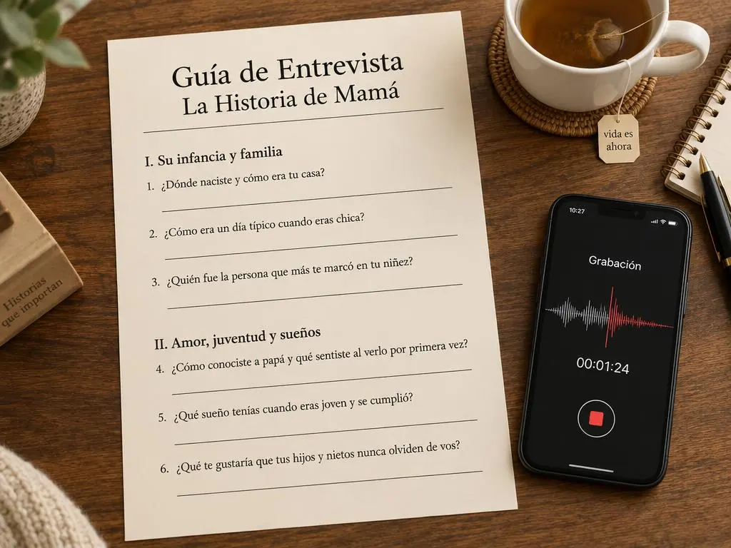 Guía de entrevista impresa junto a un celular grabando audio