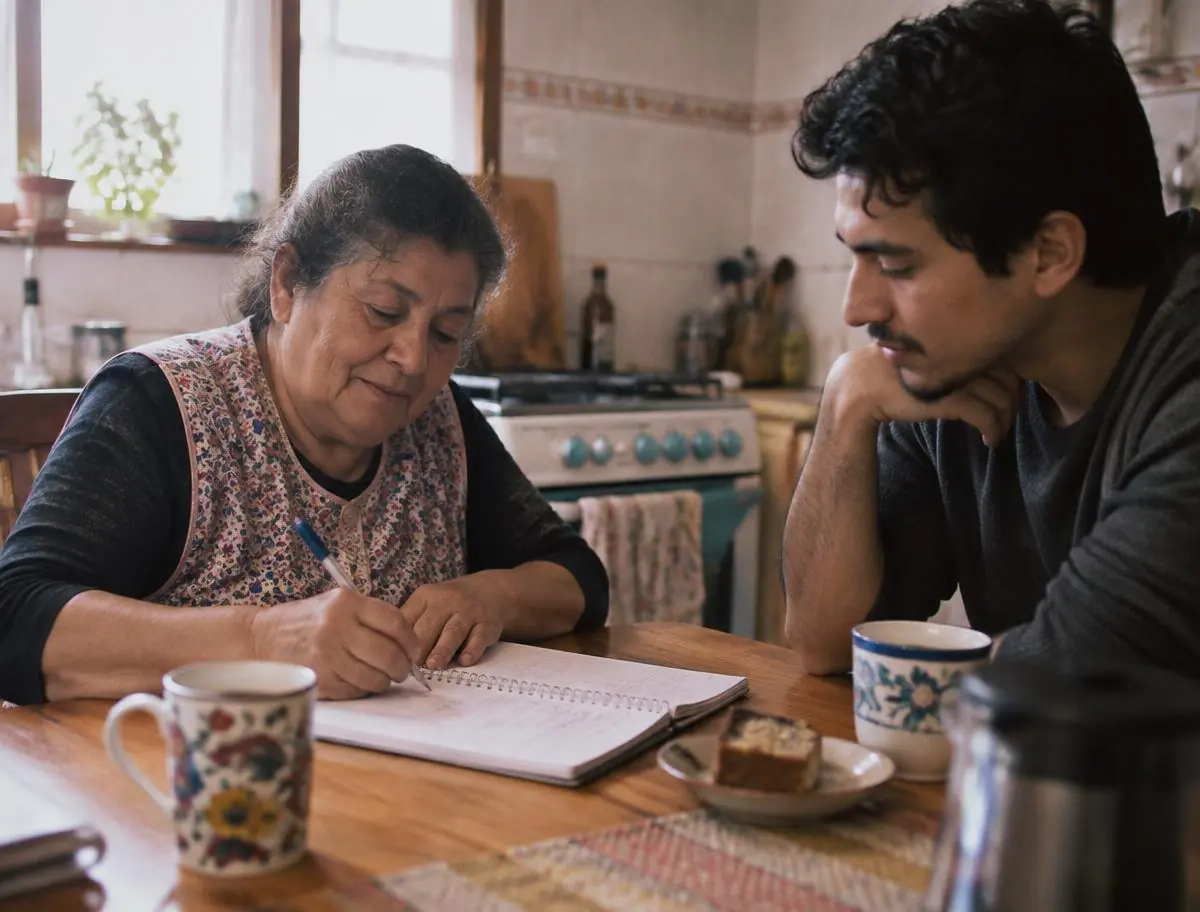 Mamá escribiendo sus recuerdos en la cocina junto a su hijo
