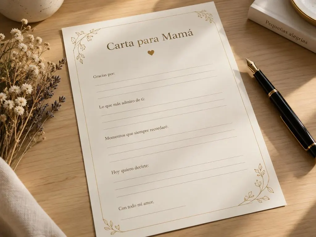 Plantilla impresa Carta para Mamá sobre un escritorio de madera