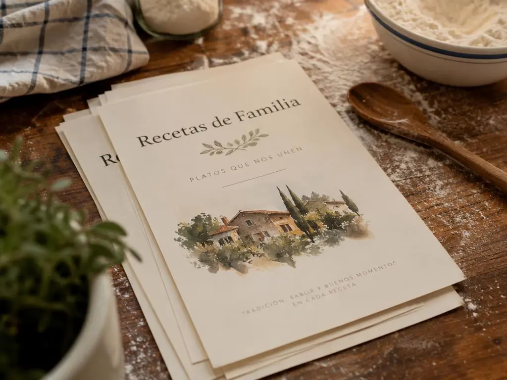 Hojas impresas Recetas de Familia sobre una mesada de cocina