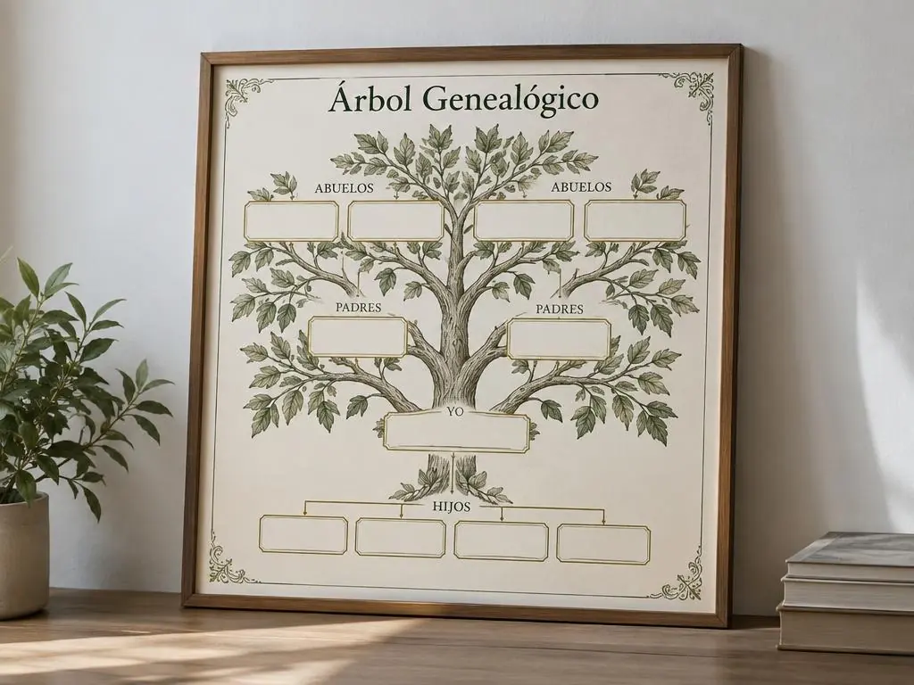 Lámina de árbol genealógico enmarcada, lista para completar