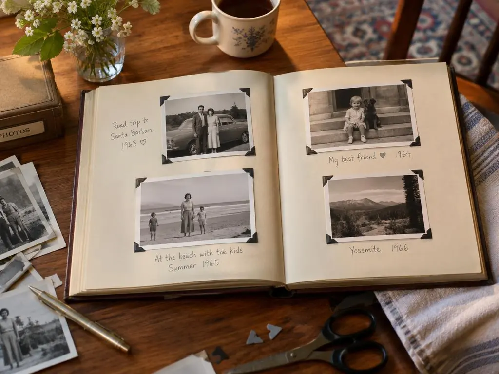 Álbum de fotos guiado abierto con fotografías familiares y pies de foto