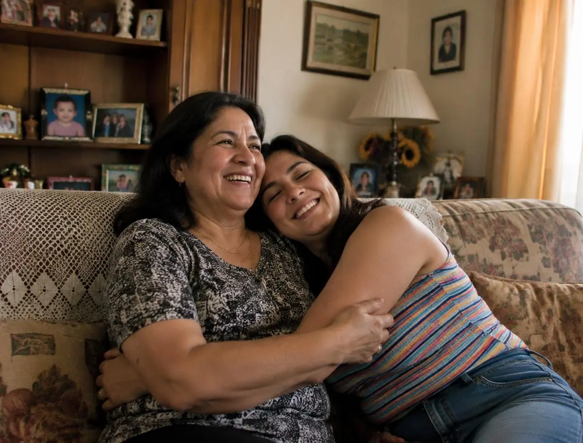 Mamá abrazando a su hija en el living de casa
