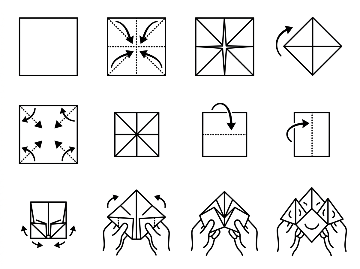 Paso a paso ilustrado de cómo doblar el come-come de papel